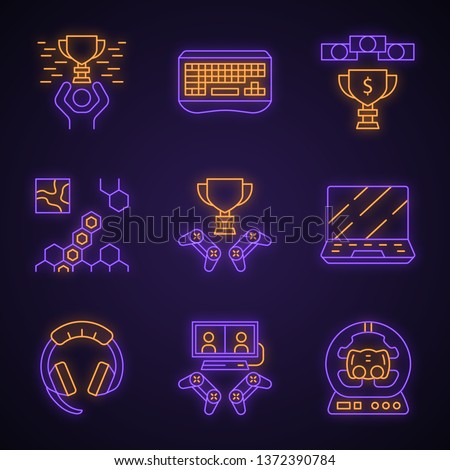 Esports neon light icons set. Gaming gadgets and accessories. Winner cup. Strategy game. Gamer hardware. Glowing signs. Vector isolated illustrations