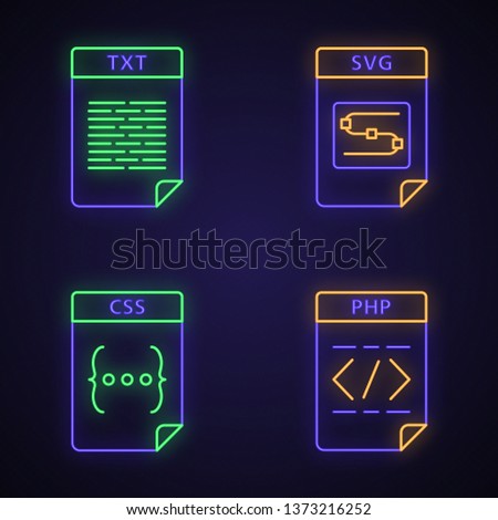 Files format neon light icons set. Text, image, web page file. TXT, SVG, CSS, PHP. Glowing signs. Vector isolated illustrations