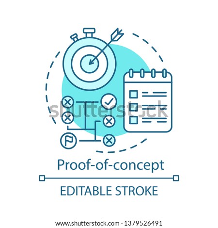 Proof-of-concept concept icon. PoC. Reaching target on time. Strategy. Attaining success. Planning and achieving goal idea thin line illustration. Vector isolated outline drawing. Editable stroke