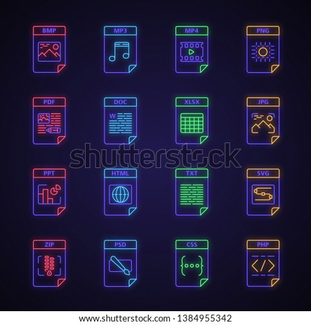 Files format neon light icons set. Multimedia, text, image, web digital files. Bmp, mp3, mp4, png, pdf, doc, xlsx, jpg, ppt, html, svg, zip, php, css, psd. Glowing signs. Vector isolated illustration