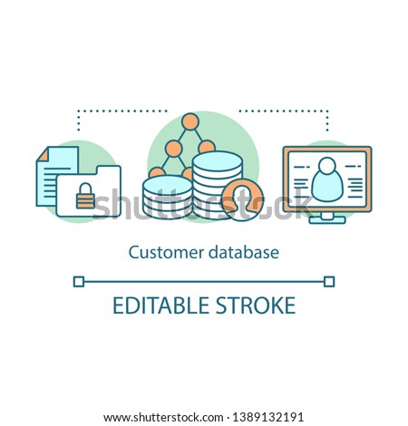 Customer database concept icon. Current base idea thin line illustration. Commercial information. Client identity. CRM system software. Vector isolated outline drawing. Editable stroke