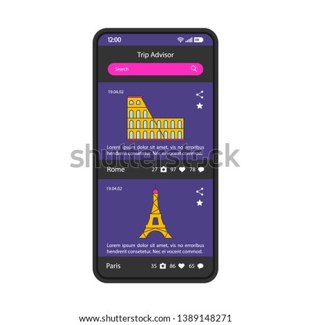 Trip advisor app smartphone interface vector template. Mobile page layout. Trip planner. Sightseeing tour search screen. Tourist info. Travel application flat UI. Phone display with Europe attractions