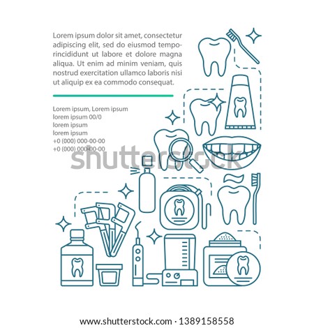 Oral hygiene article page vector template. Dental health care. Brochure, magazine, booklet design element with linear icons and text boxes. Print design. Concept illustrations with text space