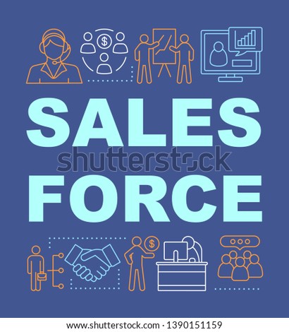 Sales force word concepts banner. CRM system software. Presentation, website. Support service. Business management. Isolated lettering typography idea with linear icons. Vector outline illustration