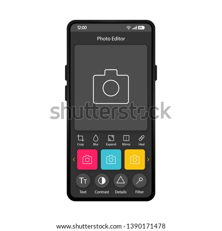 Photo editor smartphone interface template. Mobile app page layout. Content maker. Social media post creator. Camera screen. Flat UI for photo editing application. Photography enhancer phone display