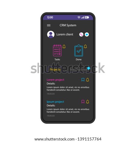 CRM system smartphone interface vector template. Mobile app page black design layout. Project, tasks screen. Flat UI for small business organization application. Interactive management phone display