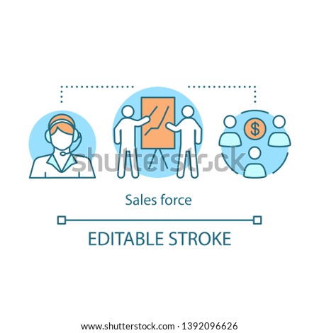 Sales force concept icon. CRM system software idea thin line illustration. Cloud platform. Support customer service. Business management. Vector isolated outline drawing. Editable stroke
