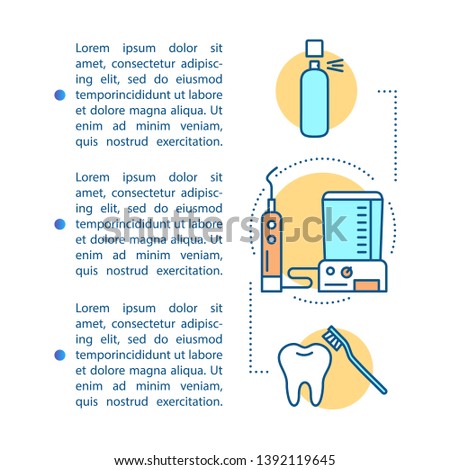 Oral hygiene routine article page vector template. Caries prevention. Brochure, magazine, booklet design element with linear icons and text boxes. Print design. Concept illustrations with text space