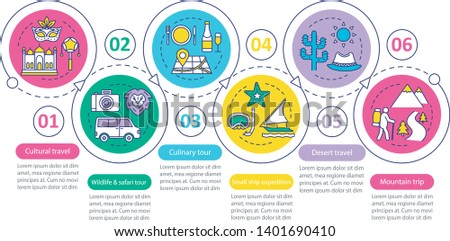 Travel experiences vector infographic template. Cultural travel. Business presentation design elements. Data visualization, six steps, options. Process timeline chart. Workflow layout, linear icons