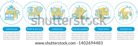 Travel experiences vector infographic template. Business presentation design elements. Cultural travel. Data visualization, six steps, options. Process timeline chart. Workflow layout, linear icons