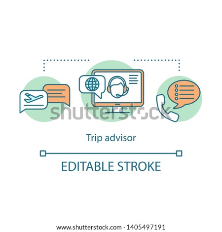 Trip advisor concept icon. Traveling idea thin line illustration. Travel agency. Consulting service. Discounts, special offers. Vacation destinations. Vector isolated outline drawing. Editable stroke