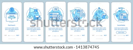 Marketing channels blue onboarding mobile app page screen vector template. Ways of customer attraction walkthrough website steps with linear illustrations. UX, UI, GUI smartphone interface concept