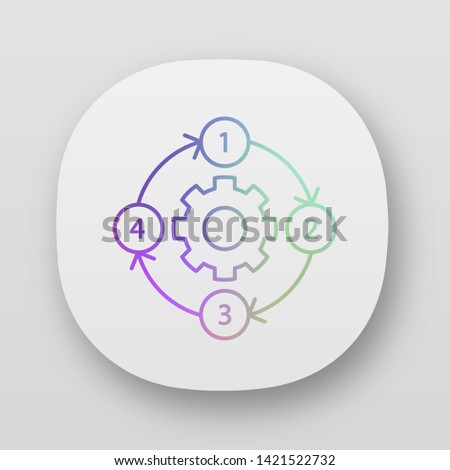 Process diagram app icon. PFD. Flowsheet. Process map. Deployment flowchart. Problem solving stages. Moving in circle. UI/UX user interface. Web or mobile applications. Vector isolated illustrations