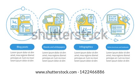 Content marketing channels vector infographic template. Business presentation design elements. Data visualization with four steps and options. Process timeline chart. Workflow layout with linear icons