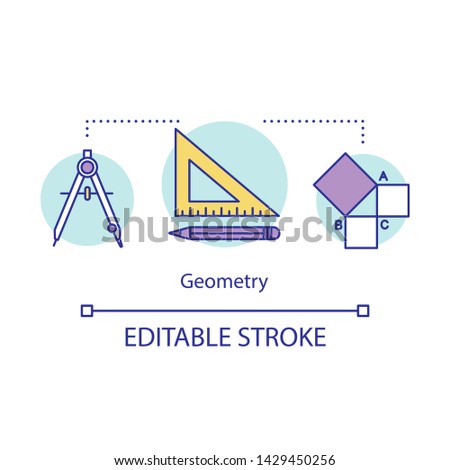 Geometry lessons, studies, courses concept icon. Geometrical tools, triangle ruler, mathematical problem idea thin line illustration. Vector isolated outline drawing. Editable stroke