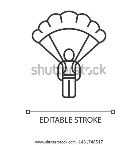 Parachute skydiver linear icon. Parachuting, skydiving. Game player, warrior, soldier jumping with parachute. Thin line illustration. Contour symbol. Vector isolated outline drawing. Editable stroke