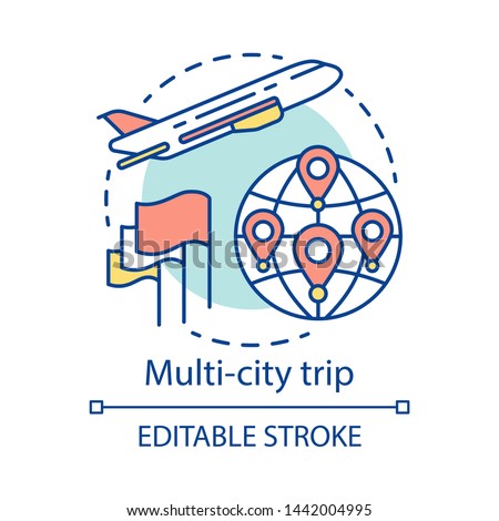 Multi-city trip concept icon. Flights with multiple destinations idea thin line illustration. Airplane traveling. Tourism, tour. Plane flying up. Vector isolated outline drawing. Editable stroke