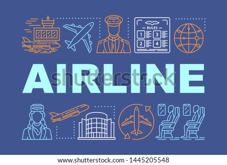 Airline word concepts banner. Tourism and travel. Cabin crew, passengers. Flying plane. Presentation, website. Isolated lettering typography idea with linear icons. Vector outline illustration