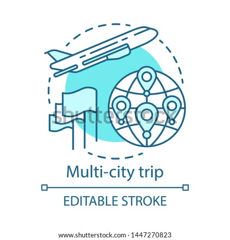 Multi-city trip concept icon. Flights with multiple destinations idea thin line illustration. Tourism, tour. Airplane traveling. Plane flying up. Vector isolated outline drawing. Editable stroke