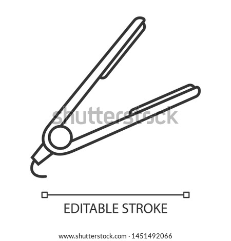 Hair straightener linear icon. Hair iron. Temporary straightening curly hair by heating. Hairdresser tool. Thin line illustration. Contour symbol. Vector isolated outline drawing. Editable stroke
