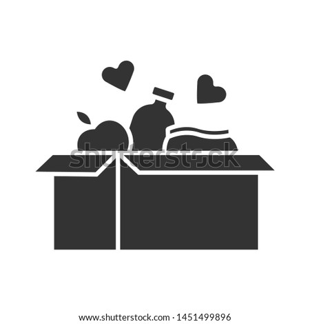 Food donations glyph icon. Charity food collection. Box with meal, hearts. Humanitarian volunteer activity. Helping people in need. Silhouette symbol. Negative space. Vector isolated illustration