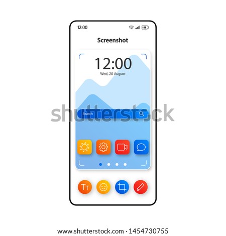 Screenshot making technology smartphone interface vector template. Mobile app page color design layout. Camera photo finder screen. Flat UI for application. Photo capturing tool phone display