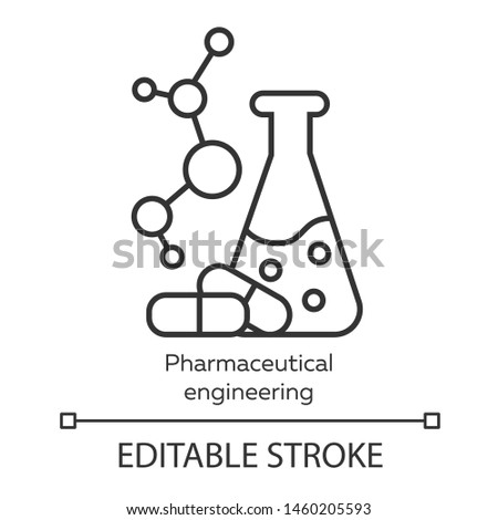 Pharmaceutical engineering linear icon. Chemical engineering. Flask, molecule, capsules. Pharmacology. Thin line illustration. Contour symbol. Vector isolated outline drawing. Editable stroke