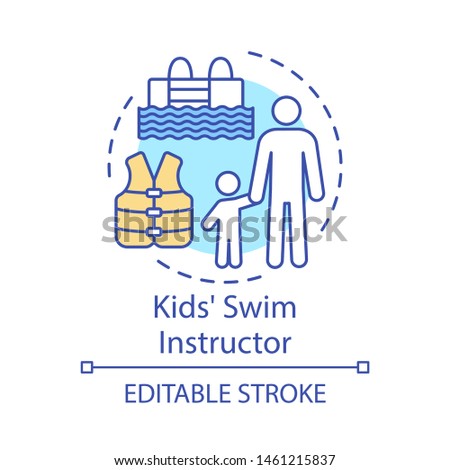 Kids swim instructor concept icon. Swimming teacher, coach idea thin line illustration. Educator, trainer. Safety vest. Swimming lesson. Vector isolated outline drawing. Editable stroke