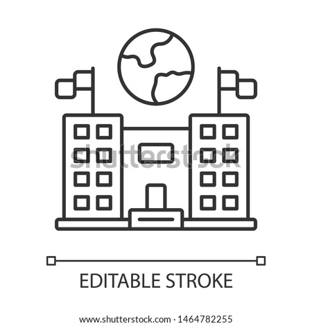 Immigration center linear icon. Embassy and consulate building. Administrative structure. Travel service. Thin line illustration. Contour symbol. Vector isolated outline drawing. Editable stroke