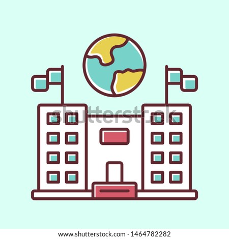 Immigration center blue color icon. Embassy and consulate building. Administrative governmental structure. Travel service. Earth globe over public building. Isolated vector illustration