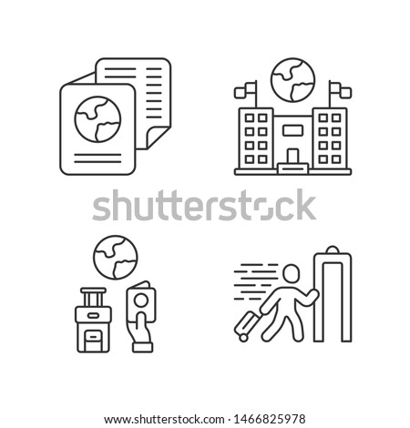 Immigration linear icons set.  Embassy and consulate building. Travel documents, security check. Travelling abroad. Thin line contour symbols. Isolated vector outline illustrations. Editable stroke