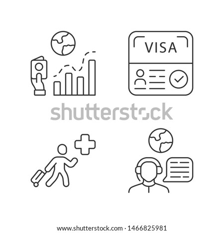 Immigration linear icons set. Migration rate, start up visa. Humanitarian immigrant, travel agent. Travelling abroad. Thin line contour symbols. Isolated vector outline illustrations. Editable stroke