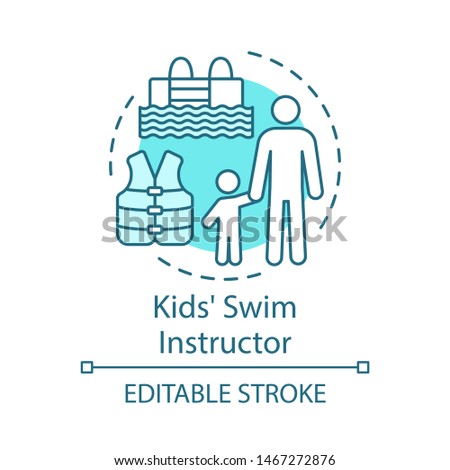 Kids swim instructor concept icon. Swimming teacher, coach idea thin line illustration. Educator, trainer. Swimming lesson. Learning and training. Vector isolated outline drawing. Editable stroke