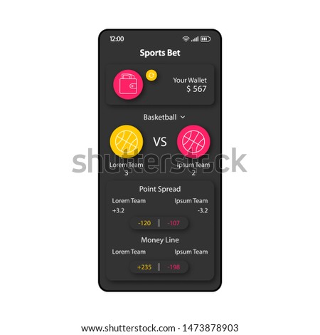 Sport bookmaker smartphone interface vector template. Mobile app page black design layout. Point spread, money line screen. Flat UI for application. Forecasting game score phone display