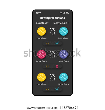 Betting forecast smartphone interface vector template. Mobile app page black design layout. Predicting winner screen. Flat UI for application. Winning team, points spread phone display
