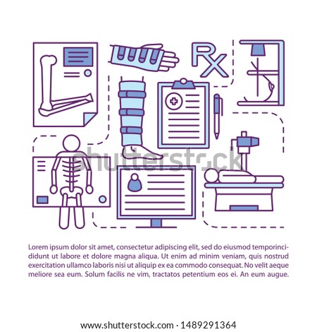 X-ray examination article page vector template. Roentgen. Radiological survey. Brochure, magazine, booklet design element, linear icons, text box. Print design. Concept illustrations with text space