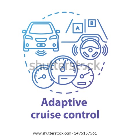 Adaptive cruise control concept icon. System for avoid road collisions. Self-driving car. Autopilot vehicle idea thin line illustration. Vector isolated outline drawing. Editable stroke