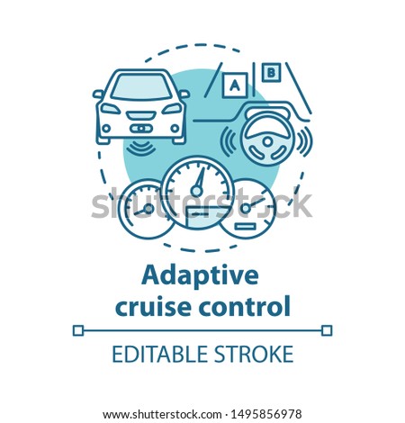 Adaptive cruise control concept icon. System for avoid road collisions. Self-driving car. Autopilot vehicle idea thin line illustration. Vector isolated outline drawing. Editable stroke