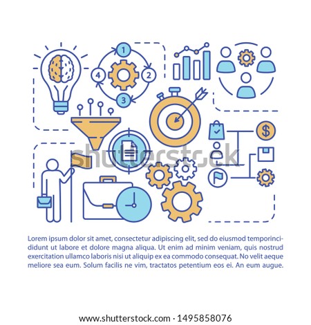 Workflow article page vector template. Corporate management. Business objectives achieving. Brochure, magazine, booklet design element with linear icons. Print design. Concept illustrations with text