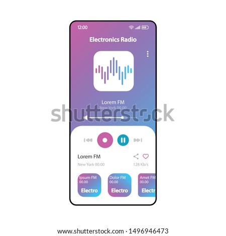 Electronic music radio smartphone interface vector template. Mobile music player app page neon blue design layout. Modern songs, tracks albums listening screen. Flat UI for application. Phone display