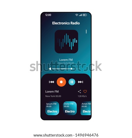 Electronic music radio smartphone interface vector template. Mobile online music player app page gradient design layout. Albums, live broadcast listening screen. Flat UI for application. Phone display