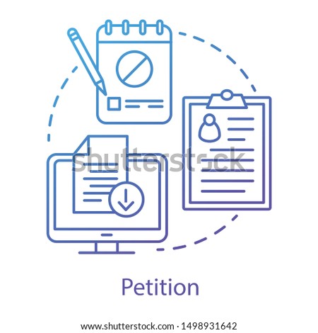 Petition concept icon. Internet signature collection idea thin line illustration. Computer, clipboard and notepad vector isolated outline drawing. Social protest, public opinion demonstration