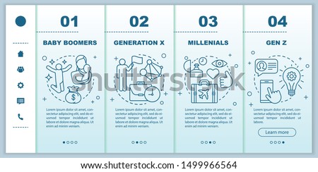 Generation onboarding mobile web pages vector template. Millennials. Responsive smartphone website interface idea with linear illustrations. Webpage walkthrough step screens. Color concept