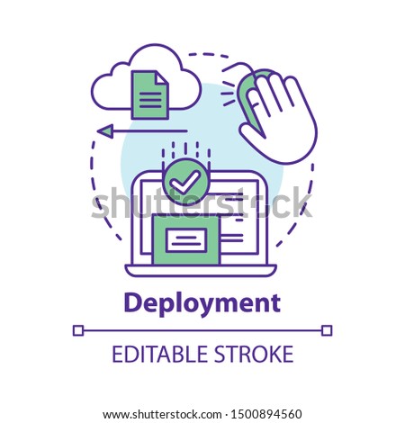 Deployment concept icon. Data send, receive. Product release. Usability test. Delivering completed software to consumers idea thin line illustration. Vector isolated outline drawing. Editable stroke