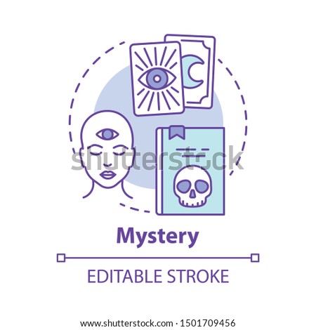 Mystery concept icon. Occult books idea thin line illustration. Mysticism, taromancy & esoteric literature. Fortune telling and divination. Vector isolated outline drawing. Editable stroke