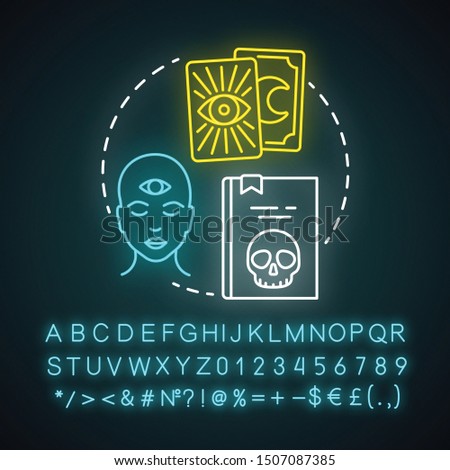 Mystery neon light concept icon. Occult books idea. Mysticism, taromancy & esoteric literature. Fortune telling. Glowing sign with alphabet, numbers and symbols. Vector isolated illustration