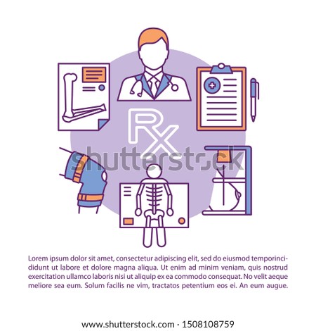 X-ray examination article page vector template. Roentgen. Hospital equipment. Brochure, magazine, booklet design element, linear icons, text box. Print design. Concept illustrations with text space