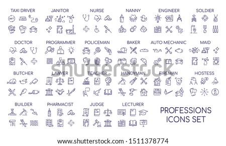 Professions linear big icons set. Occupations items and objects. Career thin line contour symbols collections. Professional workers tools and equipment bundle. Isolated vector outline illustrations