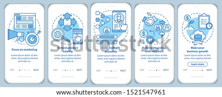 Dropshipping blue onboarding mobile app page screen with linear concepts. Focus on marketing, add multiple accounts walkthrough steps graphic instructions. UX, UI, GUI vector template with icons