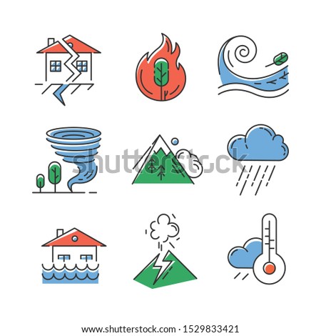 Natural disaster color icons set. Geological and atmospheric catastrophes. Earthquake, wildfire, tsunami, tornado, avalanche, flood, downpour, volcanic eruption. Isolated vector illustrations